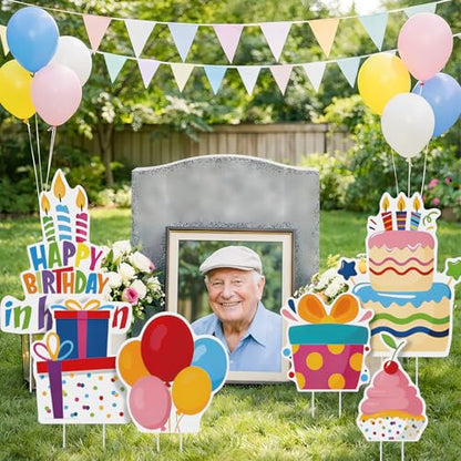 Sieral 6 Pcs Happy Birthday in Heaven Decoration Funny Funeral Grave Sign - style: Colorful