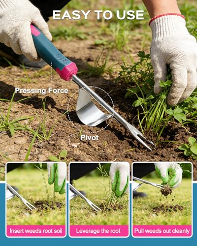 2026 Upgraded Weed Puller Tool, Leverage Base & V-Shaped Forks, Hand Weeder