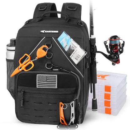 KastKing KarryAll Fishing Backpack with Rod Holder 4 Tackle Boxes, 40/26L - color: Medium (26 L) - Black