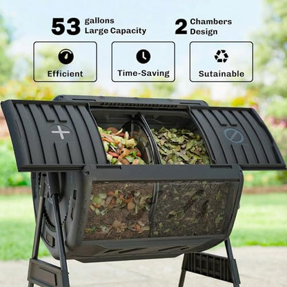 Outdoor Dual Chamber Compost Tumbler – 37" Rotating Compost Bin with Metal Base, UV-Resistant, Easy Assembly, Gardening Kit with Gloves & Tools (Black) - color: BLACK