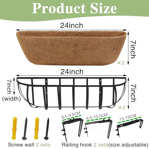 24 Inch Railing Planter Window Box Deck Balcony Rail Planter with Coco Liner Metal Wall-Mounted Coconut Liner Planter Basket English Horse Trough Planters for Outdoor Balcony Porch Fence (2 Pack) - size: 24 Inch