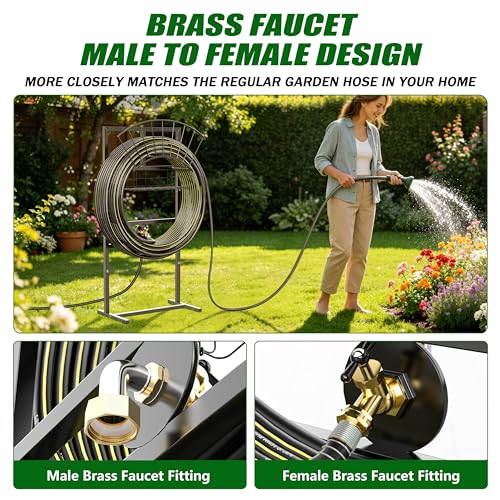 Garden Hose Holder with Brass Faucet, 45ft Rubber Hose, 5ft Leader Hose