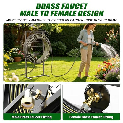 Garden Hose Holder with Brass Faucet, 45ft Rubber Hose, 5ft Leader Hose