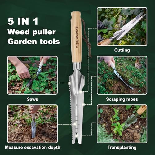 Hand Weeder Puller, 5-in-1 Garden Trowel with Solid Wooden Handle - size: Marked Weeding Trowel