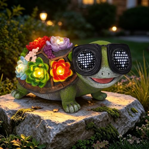 Solar Turtle Garden Statue with Heart-Shaped LED Sunglasses, Light Up - color: Green Turtle Statue