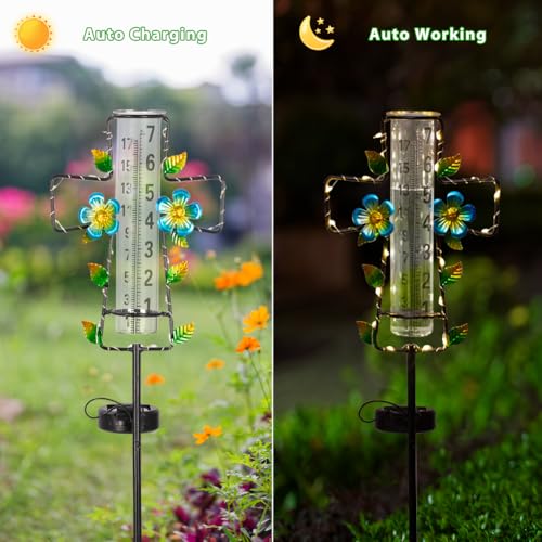 Solar Rain Gauge Outdoor with Lights,7” Glass Tube Cross Rain Gauge - color: Blue Cross