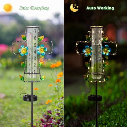 Solar Rain Gauge Outdoor with Lights,7” Glass Tube Cross Rain Gauge - color: Blue Cross