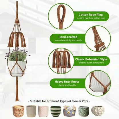 Macrame Plant Hangers 5Pack, Handmade Cotton Rope Hanging Planters - color: Caramel