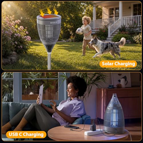 Rossetta Solar Bug Zapper Outdoor, Fly Zapper with Flame & Projector Light - color: Gray