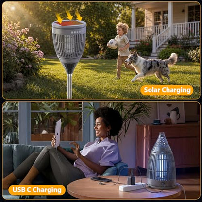 Rossetta Solar Bug Zapper Outdoor, Fly Zapper with Flame & Projector Light - color: Gray