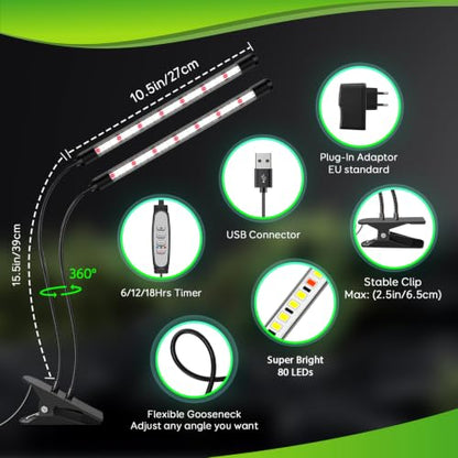 Dual-Head Clip Grow Lights for Indoor Plants, Full Spectrum Plant Lights. - size: 2 Heads