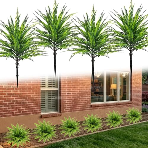 4 Pack Artificial Fern Topiary Ball Tree with Spike, Realistic Faux Boston Fern Plants Shrub with Stake, UV Resistant Small Fake Evergreen Bushes Tree for Porch Garden Indoor Outdoor Decor - color: Green Fern