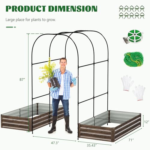 3 in 1 Galvanized Raised Garden Bed with 87" H Arch Trellis - color: Wood Grain, size: 71" Lx 35.4" Wx 12"H
