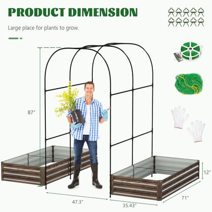 3 in 1 Galvanized Raised Garden Bed with 87" H Arch Trellis - color: Wood Grain, size: 71" Lx 35.4" Wx 12"H