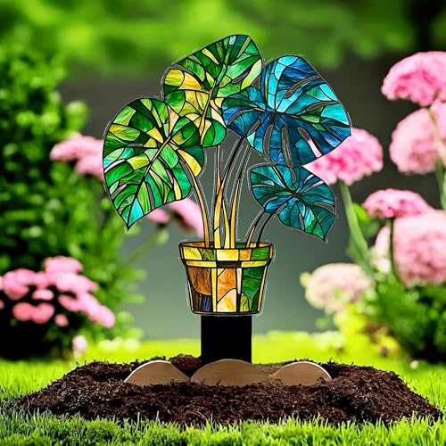 Stained Glass Monstera Plant Acrylic Garden Stake, Indoor and Outdoor Garden Acrylic Decoration, Idea Gift for Flower Potted Ornament and Landscape Beautification, Suitable for Courtyards and Lawn