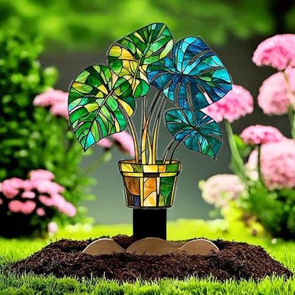 Stained Glass Monstera Plant Acrylic Garden Stake, Indoor and Outdoor Garden Acrylic Decoration, Idea Gift for Flower Potted Ornament and Landscape Beautification, Suitable for Courtyards and Lawn
