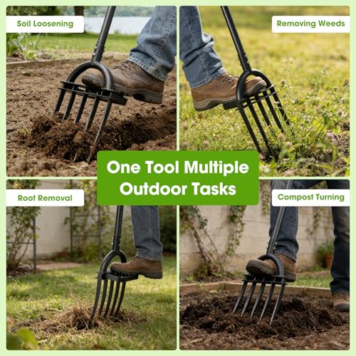 Broadfork Garden Tool, 55IN Pitch Fork for Gardening 5-Tine Heavy Duty Garden Fork with Ergonomic D-Grip Handle for Digging Loosening Soil Cultivating Weeding Composting - size: 55 IN Large