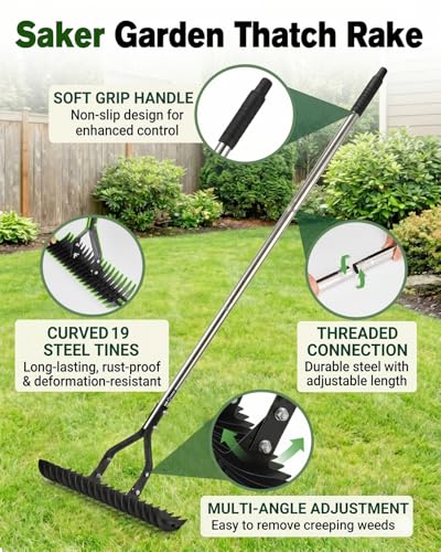 Saker Thatch Rake for Lawn Dethatching with 71" Adjustable Long Handle
