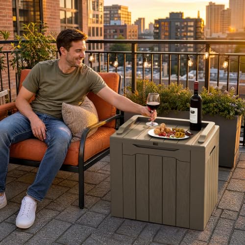 Flamaker Deck Box 31 Gallon Waterproof Resin Small Storage Box with Lid - color: Light Brown, size: 31 Gallon