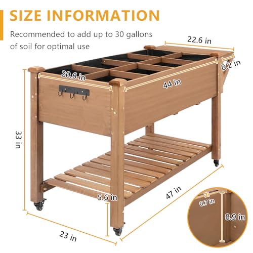 ketive Raised Garden Bed with Lockable Wheels Mobile Elevated Wood Planter,Storage Shelf, Protective Liner,55.5x24x32in (Brown) - size: 55.5" x 24" x 33"