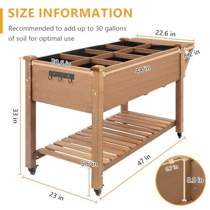 ketive Raised Garden Bed with Lockable Wheels Mobile Elevated Wood Planter,Storage Shelf, Protective Liner,55.5x24x32in (Brown) - size: 55.5" x 24" x 33"
