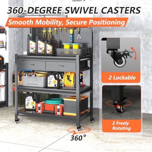 Metal Workbench, Mobile Work Table, Pegboard & Drawer, 1 Pack - size: 47.2"H x 33.5"W x 18"D with Drawers