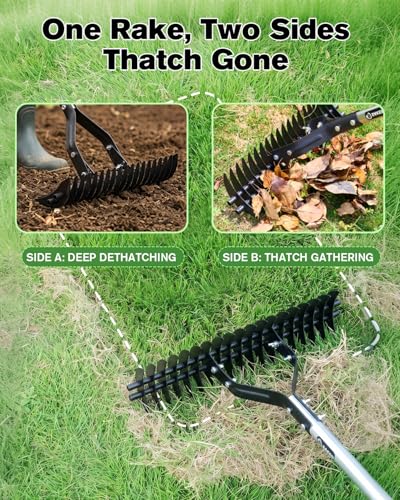 Saker Thatch Rake for Lawn Dethatching with 71" Adjustable Long Handle