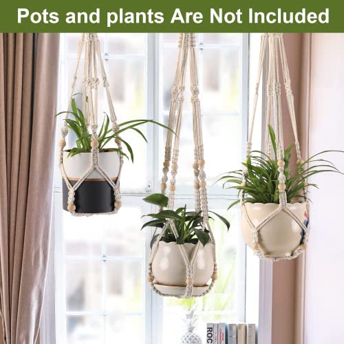 Macrame Plant Hangers with Beads for Indoor and Outdoor, 3 Pack - color: White