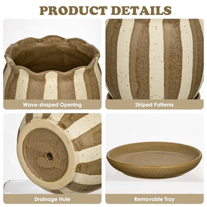 5.2 inch Stripes Ceramic Plant Pots with Drainage Hole and Tray, Brown - color: Brown