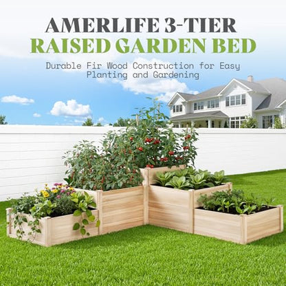 SPECRAFT 3-Tier Raised Garden Bed, Adjustable Fir Wood Planter Box - size: 7.7 x 7.5 x 2.36 FT
