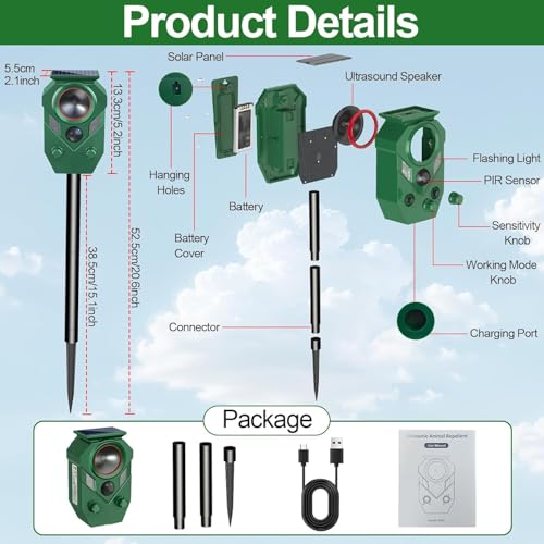 Solar Powered Ultrasonic Animal Repeller with PIR Sensor, 2 Pack