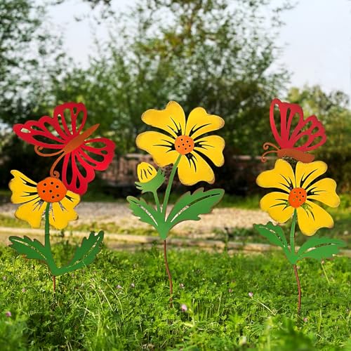 3-Pack Metal Flowers for Outside, 30-Inch Metal Yard Art - color: Yellow, Red,Green