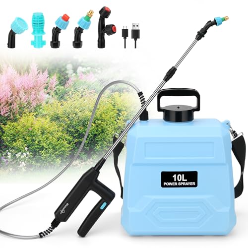 BlumWay Battery Powered Sprayer 2.5 Gallon, 7.4V Powerful Electric Sprayer with 5 Mist Nozzles, Rechargeable Handle, Retractable Wand,Adjustable Shoulder Strap for Lawn,Garden - color: 7.4V Blue_Pro (2.5 Gallon)
