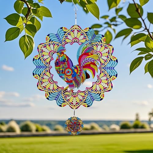 12 Inch Rooster Hanging Wind Spinners, 3D Kinetic Metal Wind Spinner - color: Red & Yellow