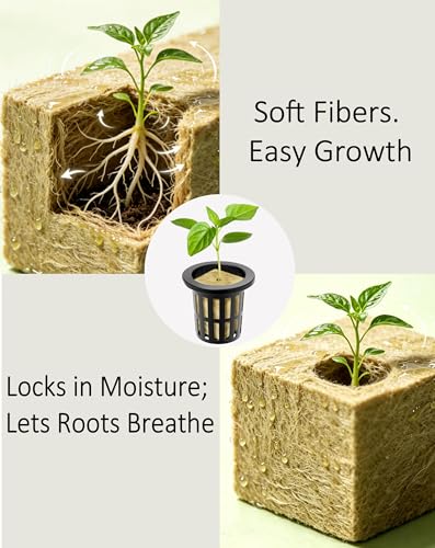 Natural Hydroponic Growing Kit for Soilless & Hydroponic Cultivation - Includes 252 Rockwool Cubes (1.2 in), 252 Hydroponic Net Pots (2 in), and 2 Planting Spoons