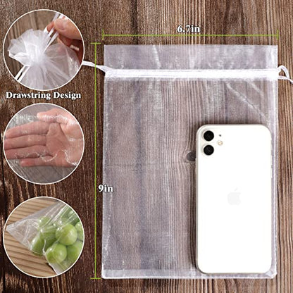 50pcs Fruit Protection Bags 6x9 inch, White Mesh Drawstring Netting Cover Bags for Grapes, Mango, Fruit Trees, Vegetables - Pest Barrier and Fruit Protectors for Garden and Plant Fruit Flower