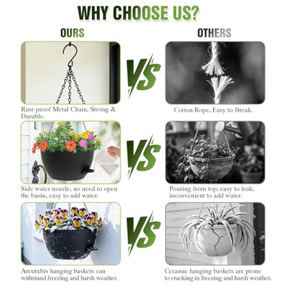 13 Inch Large Self Watering Hanging Planters 2 Pack with Saucers - color: Black, size: 13 Inch 2 Pack