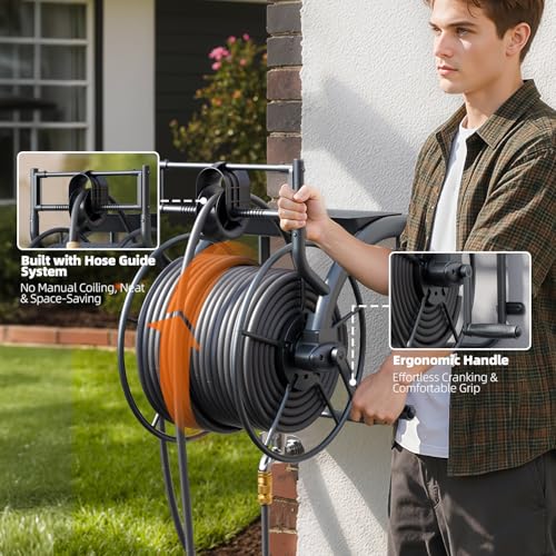 Metal Wall Mounted Garden Hose Reel Holds 150 ft 5/8" or 230 ft 1/2" Hose