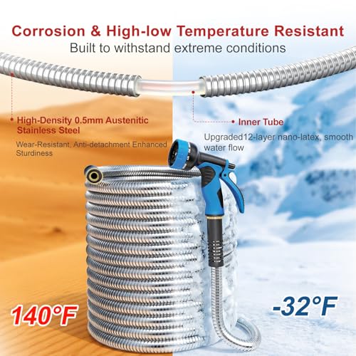 Lefree 75ft Metal Garden Hose - 304 Stainless Steel Water Hose - color: Silver, size: 75FT