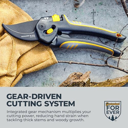 Woodland Tools Co. Super Duty Bypass Pruning Shears – 3/4" Cut Capacity, Gear-Driven Cutting System, High Carbon Steel Blade, Internal Spring, Adjustable Grip, Garden Pruner for Thick Stems and Shrubs - style: Super Duty Pruner