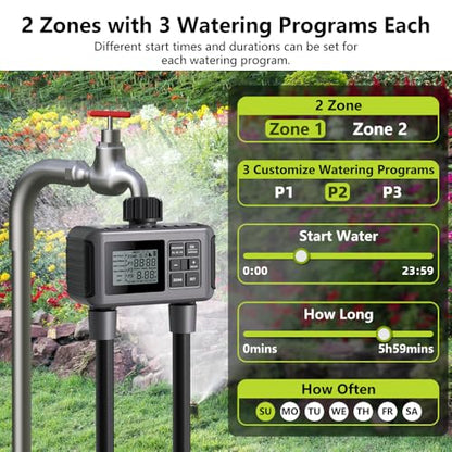 Uzoli 2-Zone Sprinkler Timer for Garden Hose, Programmable Water Timer