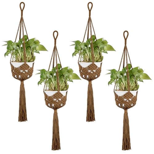 4Pcs Cotton Crochet Macrame Plant Hangers Brown Boho Hanging Planter with Patterns Indoor Outdoor Hanging Planter Basket Flower Plant Hanger for up to 8 Inch Indoor Outdoor Hanging Planter