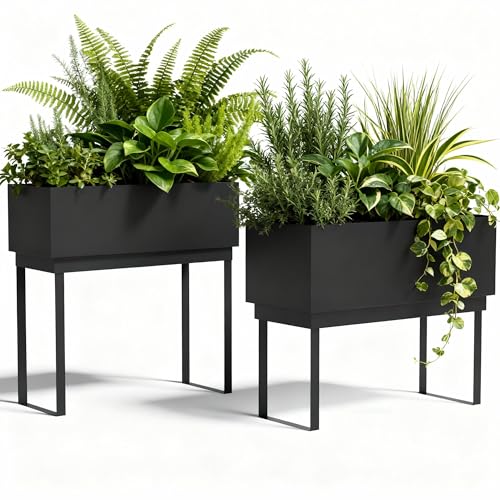 Worth Set of 2 Raised Metal Planter Box with Legs, Large & Small Matte Black Galvanized Steel Elevated Garden Beds with Drainage Hole & Plug for Vegetables, Flowers & Herbs, Indoor & Outdoor Use - color: Matte Black, size: 28"× 11"× 28" & 30"L×12.5"×24"