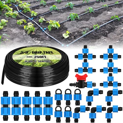 Tondiamo 250ft 16mil 5/8" Drip Tape Irrigation Kit, 6" Spacing Hose