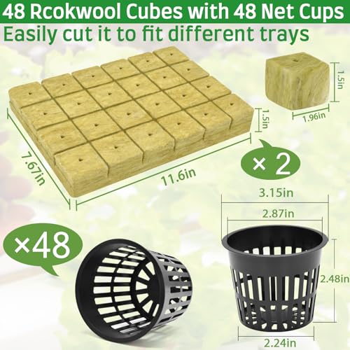 Halatool 48 x 2 Rockwool Cubes & 48 x 3 Net Cups Hydroponic Starter Kit - size: 2" rockwool-48pcs+3" net cups-48pcs