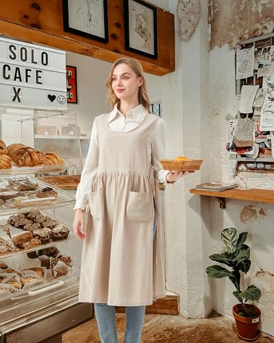 Nanxson Cotton Apron Women Split Plus Size Bib with Pockets - color: Beige