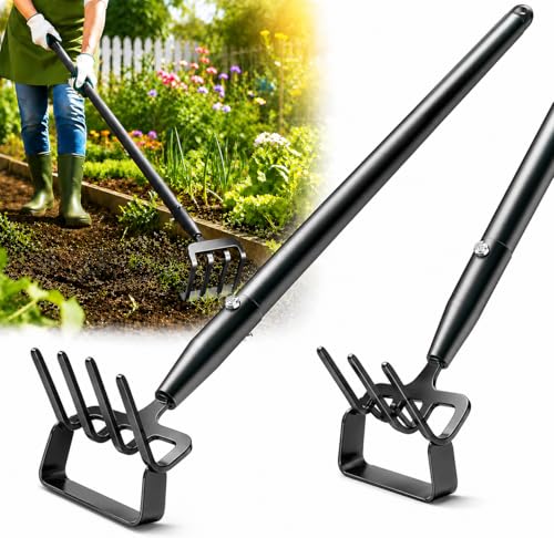 Garden Hoe with Rake, 37-82" Adjustable Long Handle Stirrup Weeder Hoe & 4-Tine Cultivator, Heavy Duty Scuffle Loop Hoe for Fast Weeding, Soil Loosening, Flower Beds, Vegetable Gardens