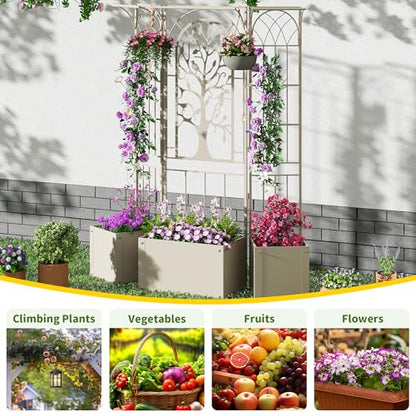 Metal Planter Box with Trellis, Outdoor Raised Garden Bed, Beige - color: Beige