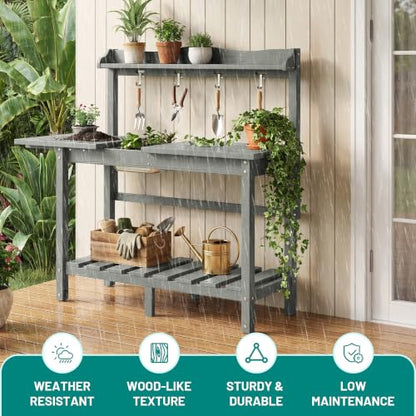 PLUUV Potting Bench with Removeable Sink, Garden Potting Table, Light Grey - color: Light Grey