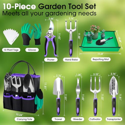 WOWBOX Garden Tools Set, 10 PCS Heavy Duty Gardening Hand Tools Kit, Purple - style: Black Purple